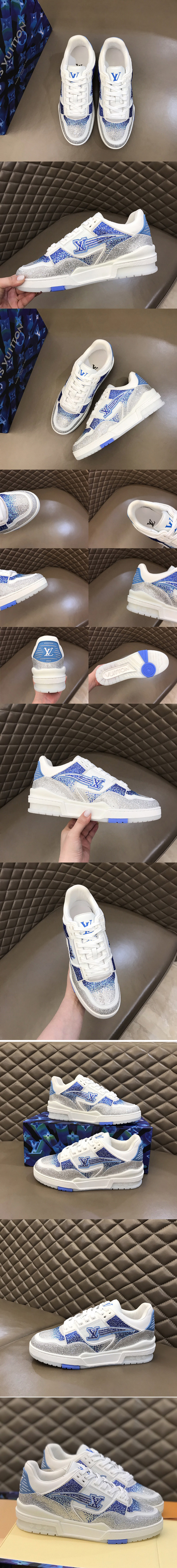 Replica Louis Vuitton 1A8A9S LV Trainer sneaker in White/Blue calf leather