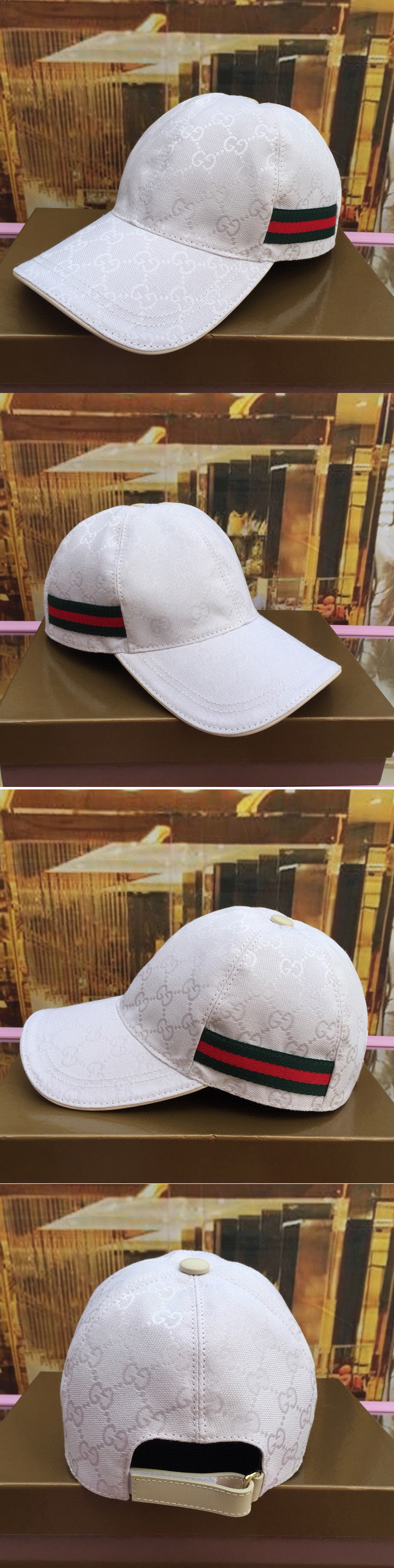 Replica Gucci 200035 Original GG canvas baseball hat with Green/Red Web In White/Silver Original GG