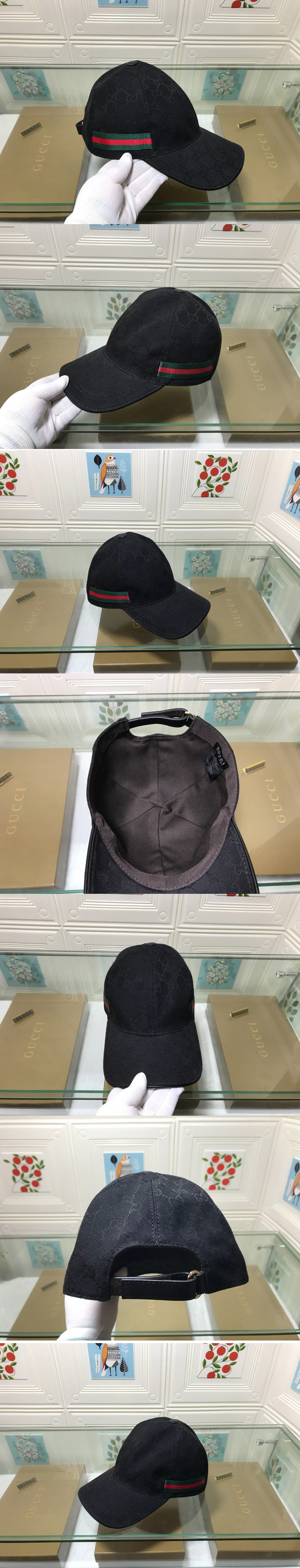 Replica Gucci 200035 Original GG canvas baseball hat with Green/Red Web In Black Original GG