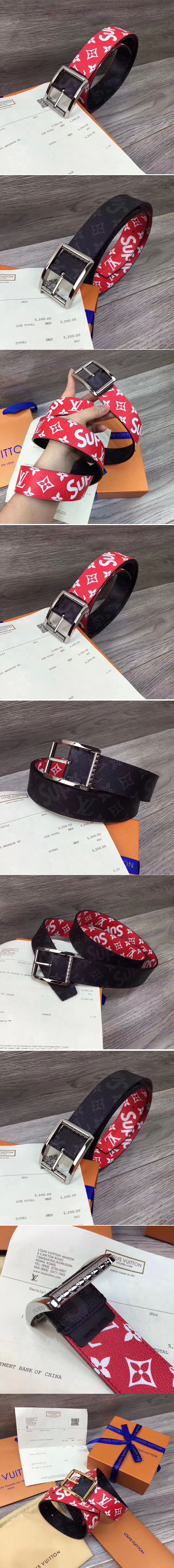 Replica Louis Vuitton Supreme x Monogram LV Reversible Belt Red Silver Buckle