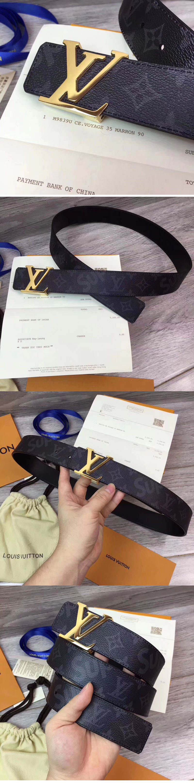 Replica Louis Vuitton Supreme x Monogram LV Belt Gold Buckle Black