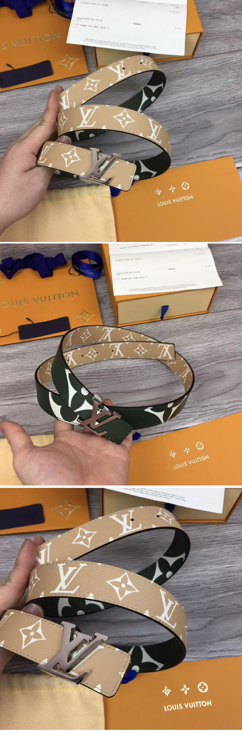 Replica Louis Vuitton M0151U LV Iconic 30mm Reversible Belt Green/Brown Monogram canvas Silver Hardware