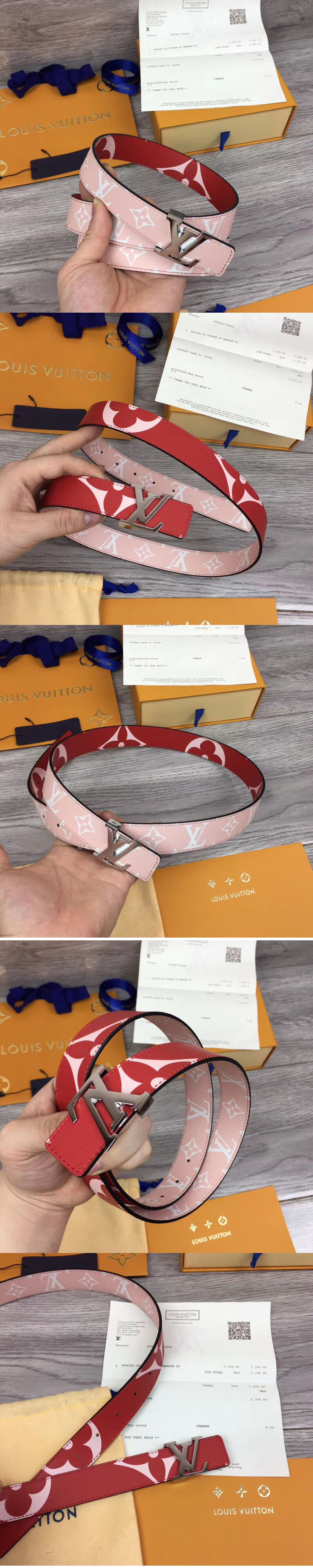 Replica Louis Vuitton M0150U LV Iconic 30mm Reversible Belt Red/Pink Monogram canvas Silver Hardware