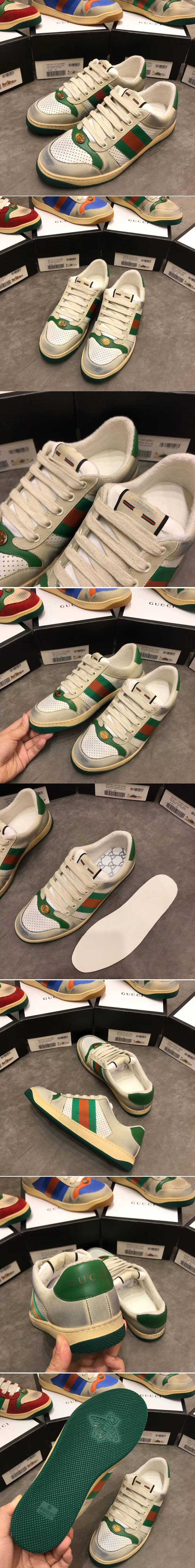 Replica Gucci ‎546163 Screener leather sneaker Green and white leather