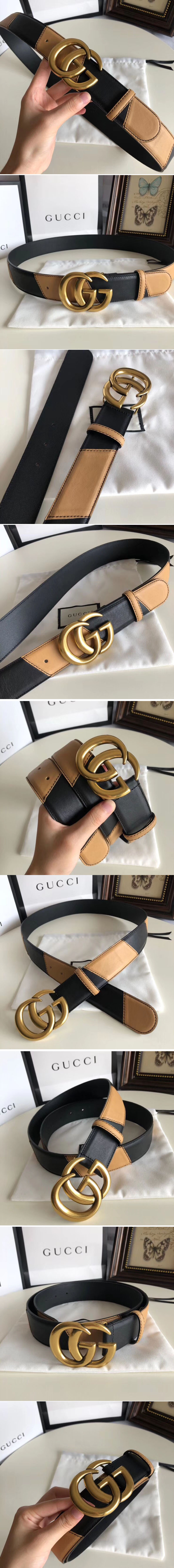 Replica Gucci 582348 40cm Leather belt with Double G buckle Black and Tan Leather