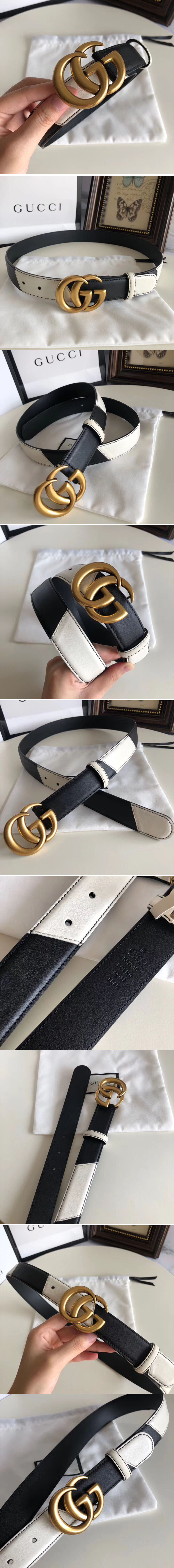 Replica Gucci 582348 30cm Leather belt with Double G buckle Black and White Leather