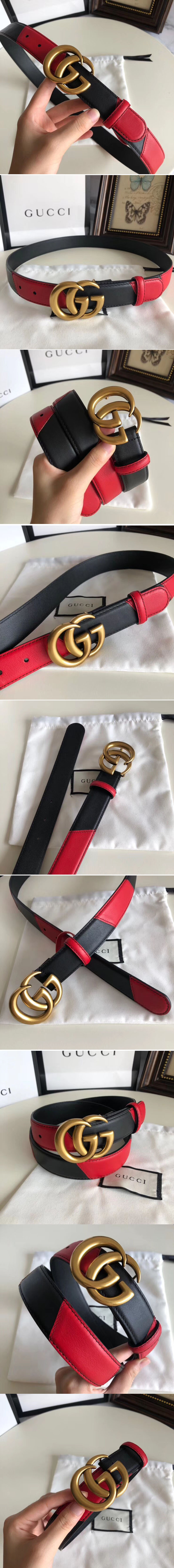 Replica Gucci 582348 30cm Leather belt with Double G buckle Black and Red Leather
