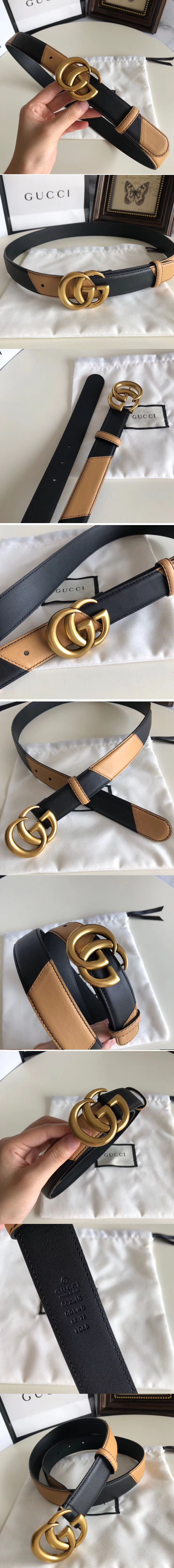 Replica Gucci 582348 30cm Leather belt with Double G buckle Black and Tan Leather