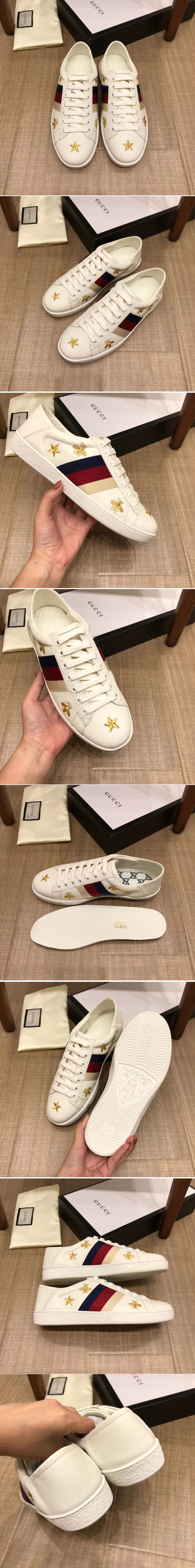 Replica Gucci 386750 GG Ace embroidered sneaker White Leather Mens and Women Size