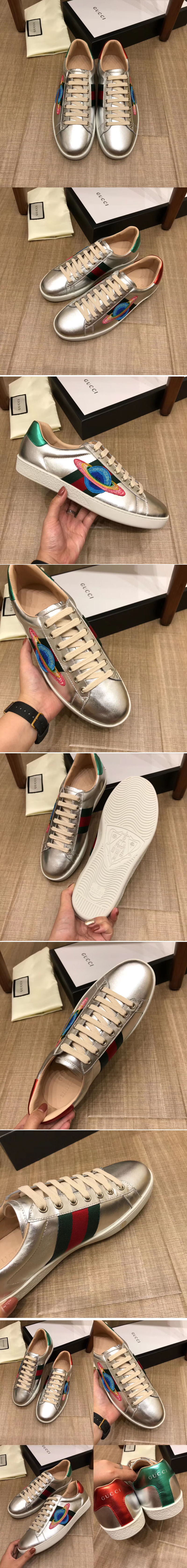 Replica Gucci 386750 GG Ace embroidered sneaker Silver Leather Mens and Women Size