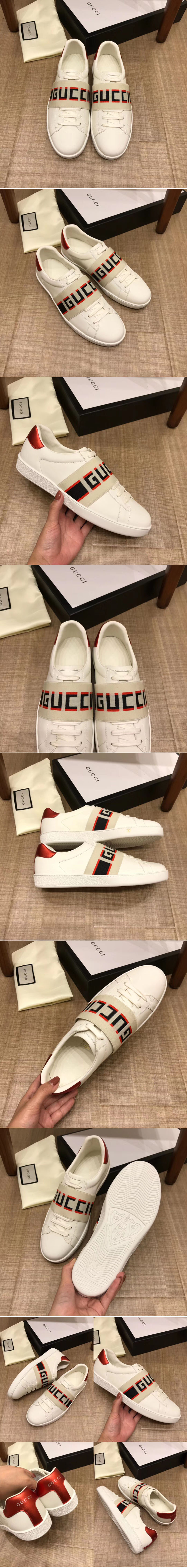Replica Gucci ‎523469 Stripe leather sneaker White Leather Mens and Women Size