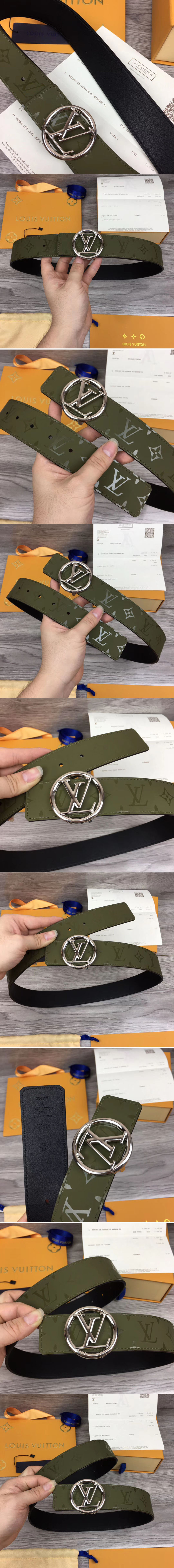 Replica Louis Vuitton M0171 LV Pyramide 40mm Reversible Belt Green Calf Leather Silver Circle LV Buckle