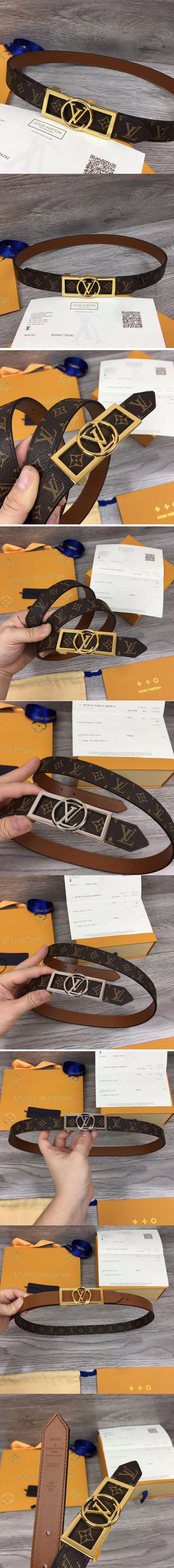 Replica Louis Vuitton M0196U LV Dauphine 25mm Reversible belts Monogram Canvas/Tan Brown Gold/Silver Buckle