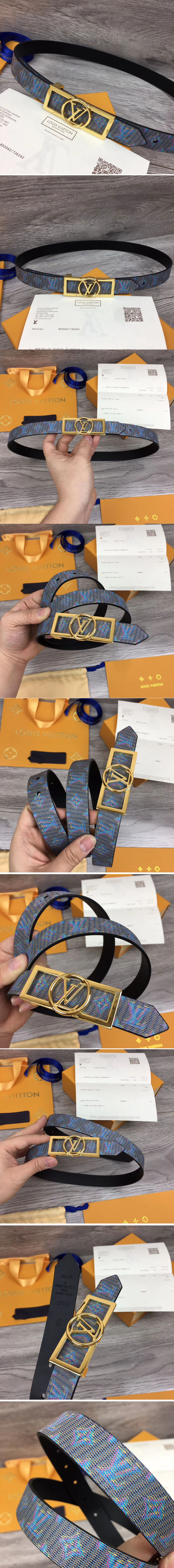 Replica Louis Vuitton MP136W LV Dauphine 25mm Reversible belts Blue/Navy Blue Monogram LV POP Print Gold Buckle