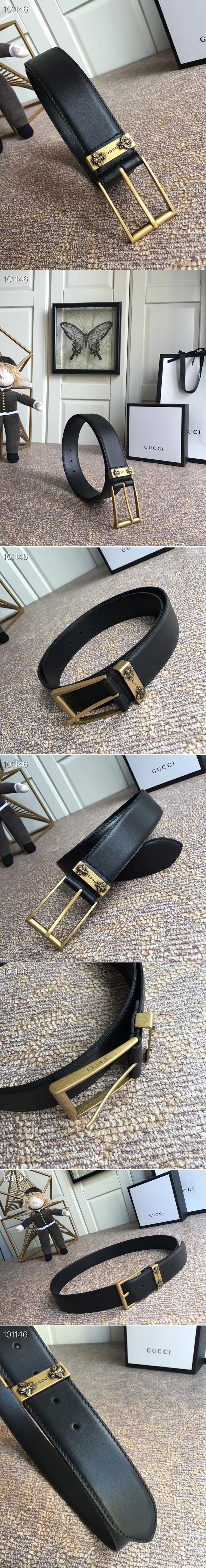 Replica Gucci 474811 4cm Leather belt Gold Bee buckle in Black leather
