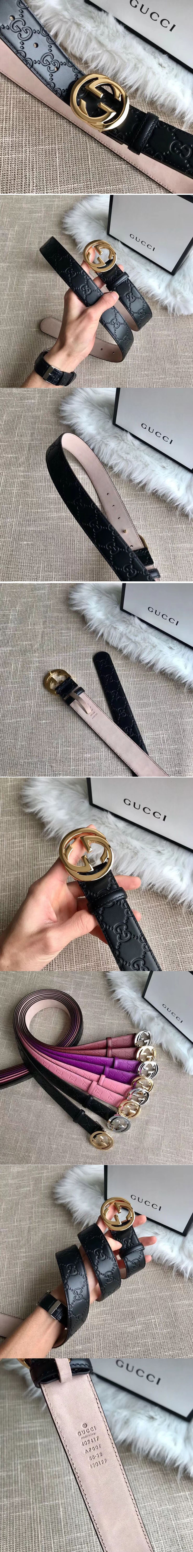 Replica Gucci 409417 35mm Signature leather belt Black Leather Gold G buckle