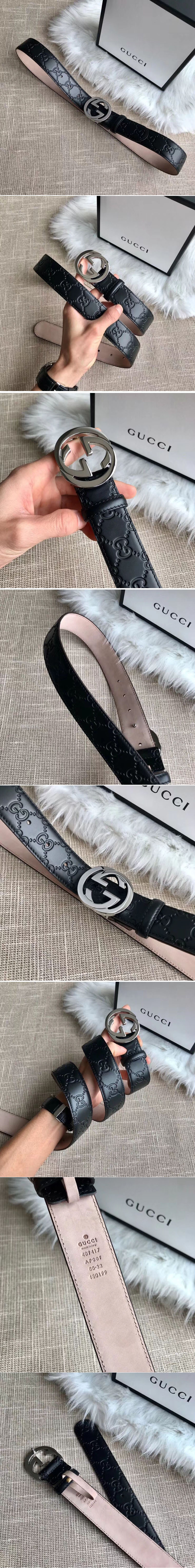 Replica Gucci 409417 35mm Signature leather belt Black Leather Silver G buckle