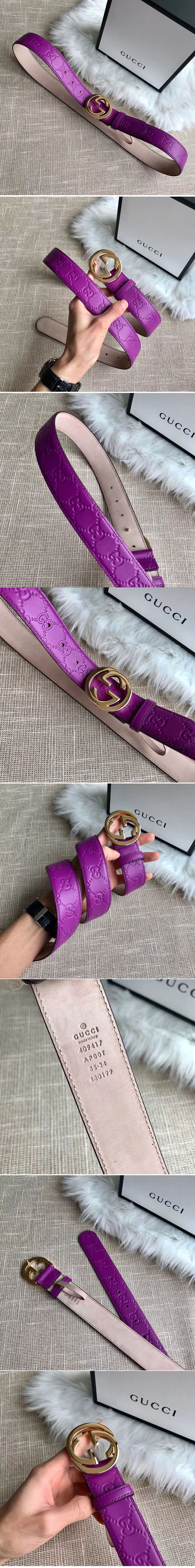 Replica Gucci 409417 35mm Signature leather belt Purple Leather Gold G buckle
