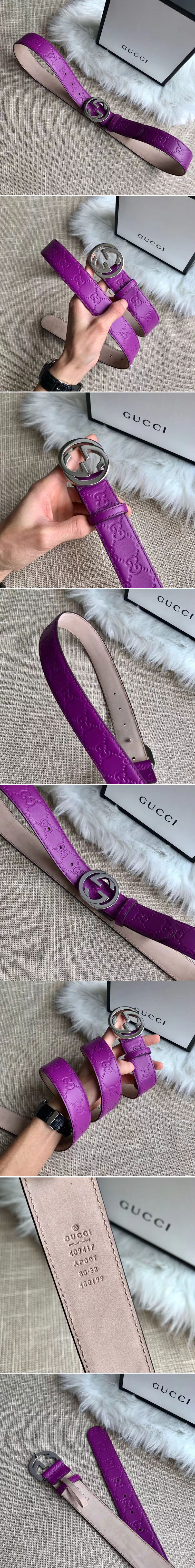 Replica Gucci 409417 35mm Signature leather belt Purple Leather Silver G buckle