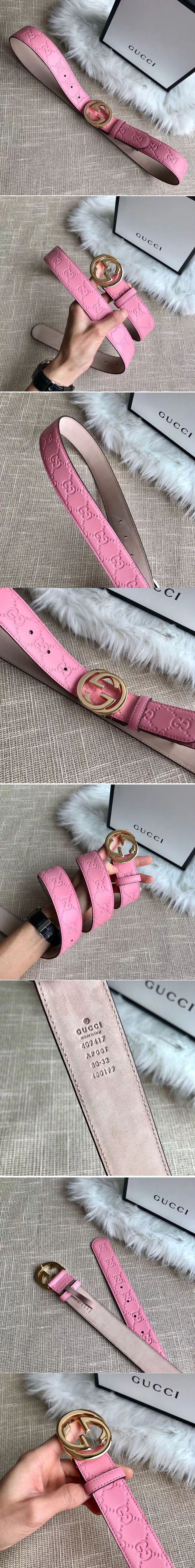 Replica Gucci 409417 35mm Signature leather belt Gold G buckle Pink Leather 