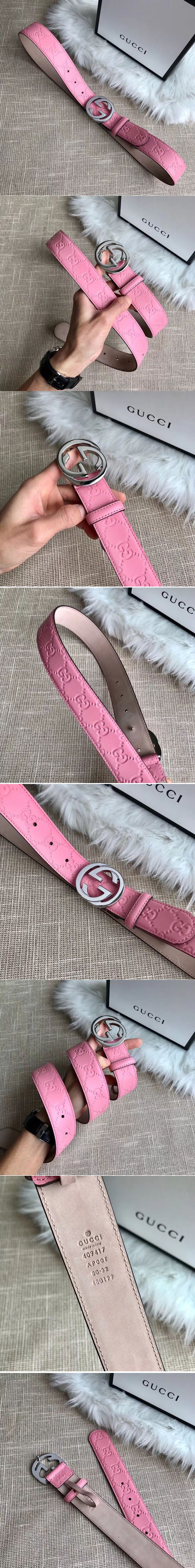 Replica Gucci 409417 35mm Signature leather belt Pink Leather Silver G buckle