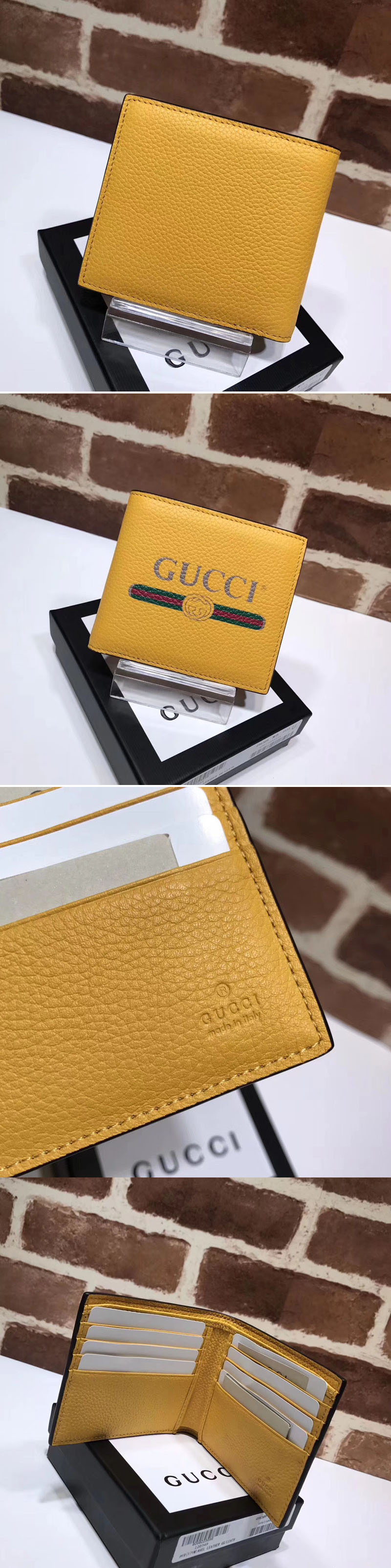 Replica Gucci 496309 Print leather bi-fold wallet Yellow