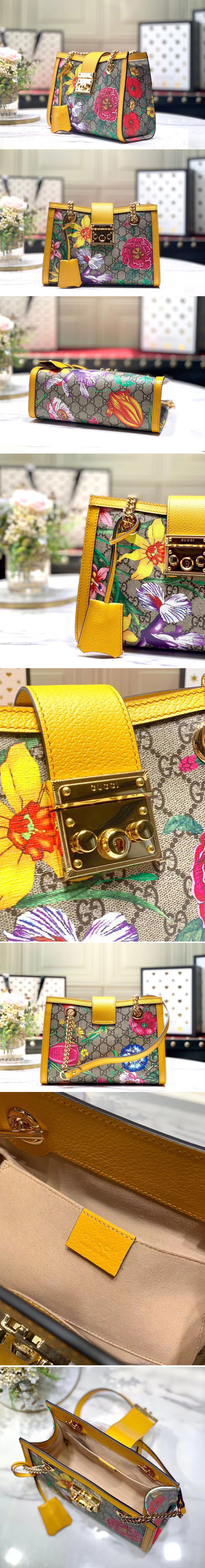 Replica Gucci 498156 Padlock GG Flora small shoulder bags Beige/ebony GG Supreme canvas With Yellow leather