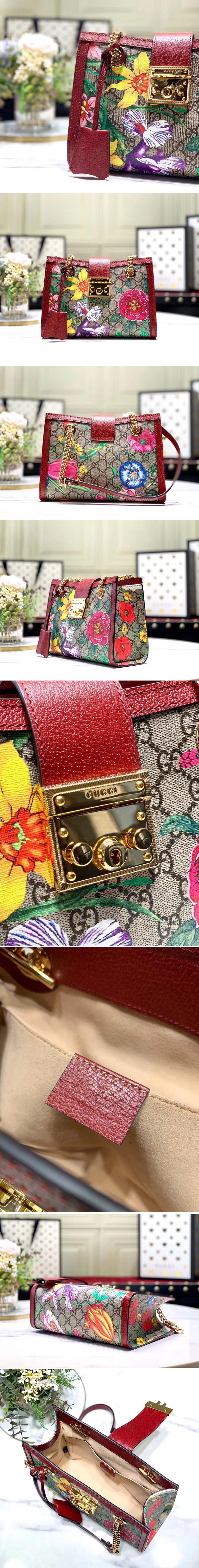 Replica Gucci 498156 Padlock GG Flora small shoulder bags Beige/ebony GG Supreme canvas With Red leather
