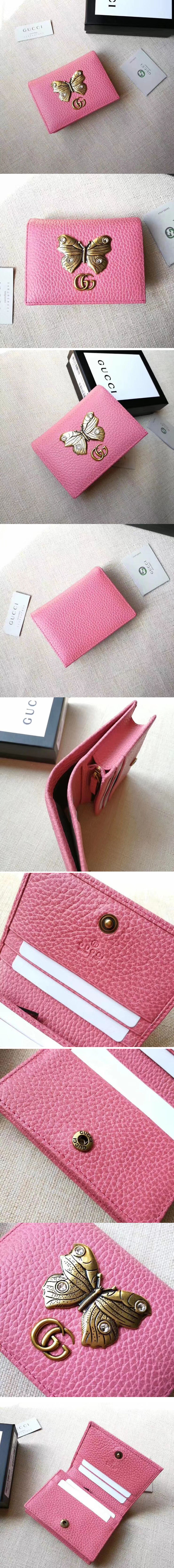 Replica Gucci 499361 Leather Card Case with Butterfly ‎Pink