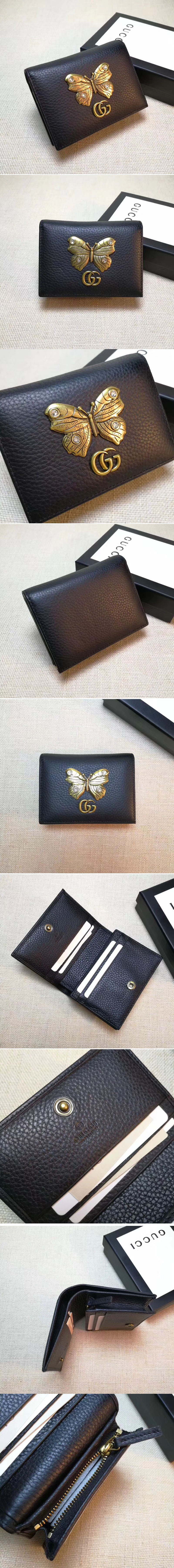 Replica Gucci 499361 Leather card case with butterfly Black