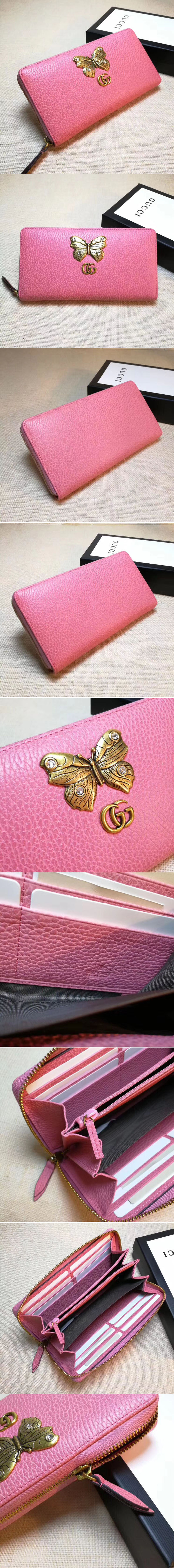 Replica Gucci 499363 Leather zip around wallet with butterfly Pink