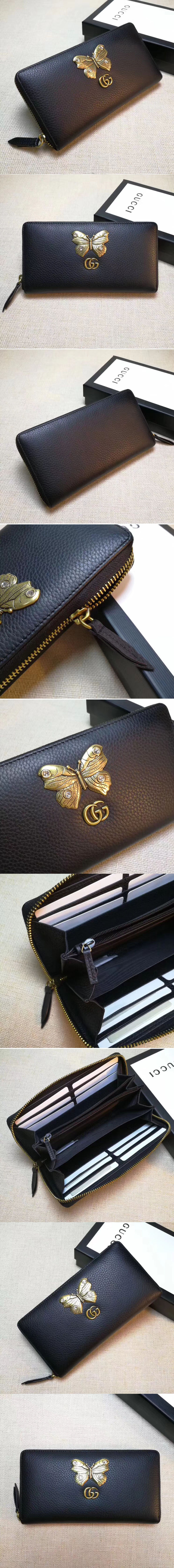 Replica Gucci 499363 Leather zip around wallet with butterfly Black