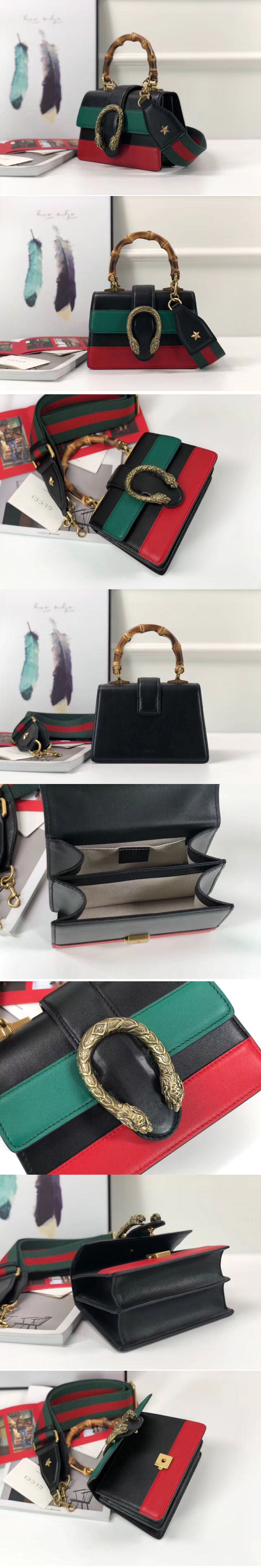 Replica Gucci 523367 Dionysus mini top handle bags Black/Green/Red
