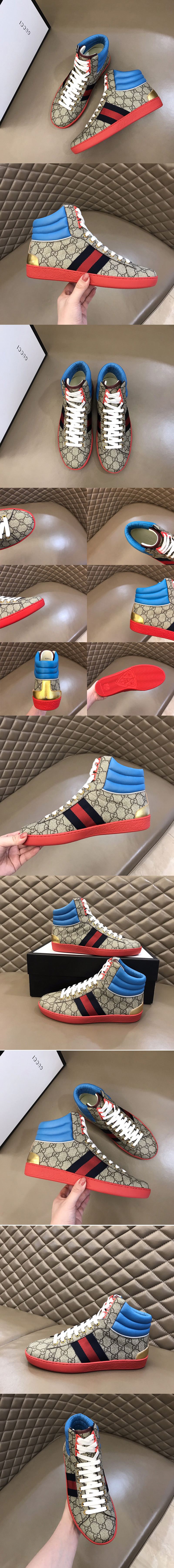 Replica Gucci 555144 Men's Ace GG high-top sneaker in Beige/ebony GG Supreme canvas