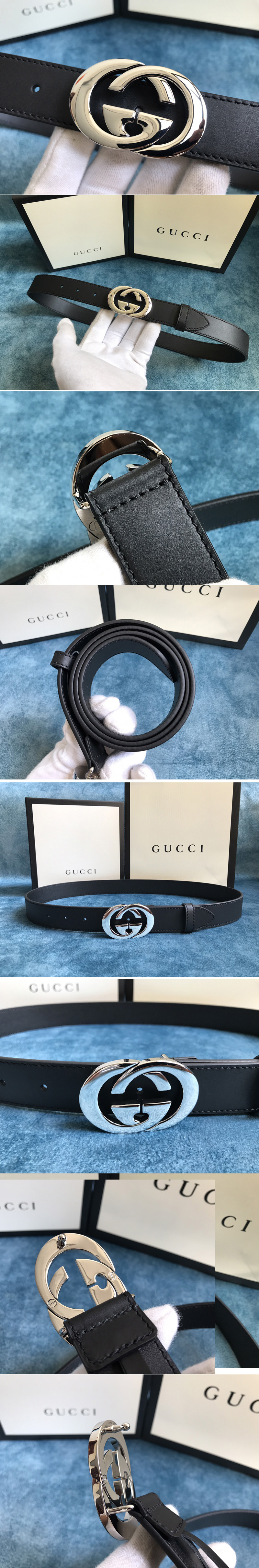 Replica Gucci 574807 30mm Belt with Silver Interlocking G buckle in Black Leather