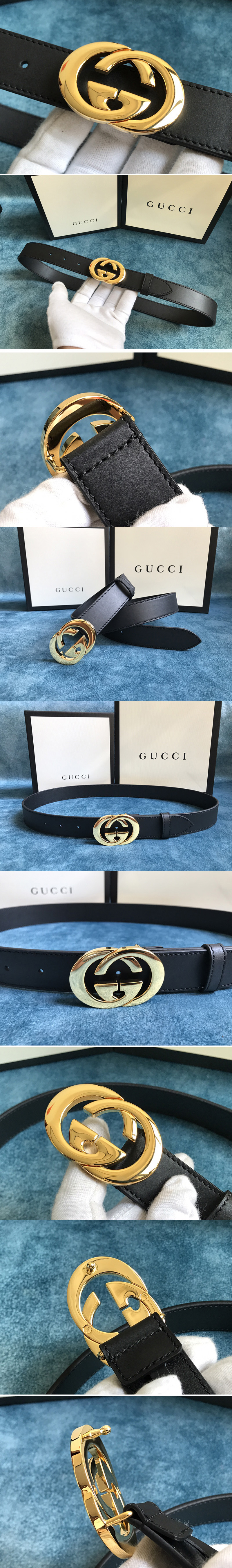 Replica Gucci 574807 30mm Belt with Shiny Gold Interlocking G buckle in Black Leather