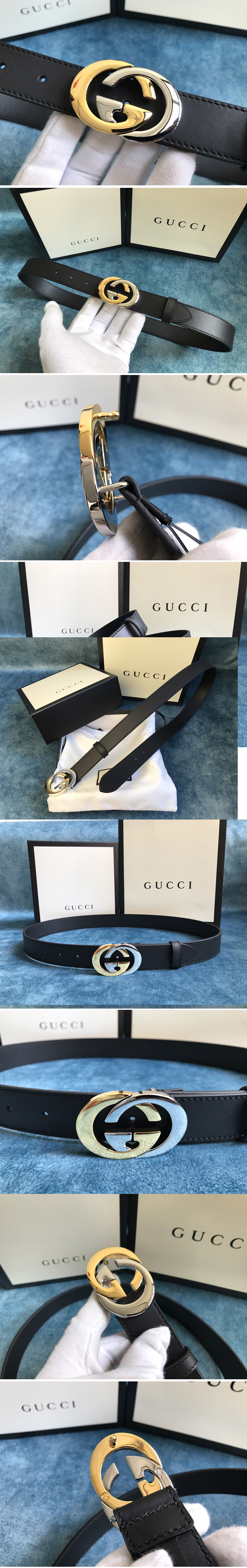 Replica Gucci 574807 30mm Belt with Shiny Gold/Silver Interlocking G buckle in Black Leather