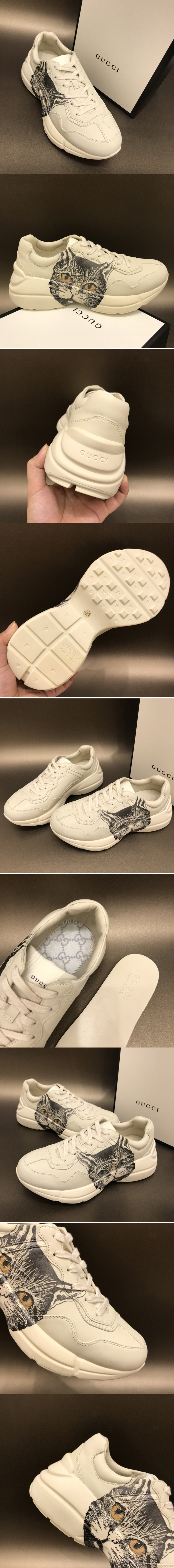 Replica Women and Men Gucci 583337 Rhyton sneaker with Mystic Cat in White Leather