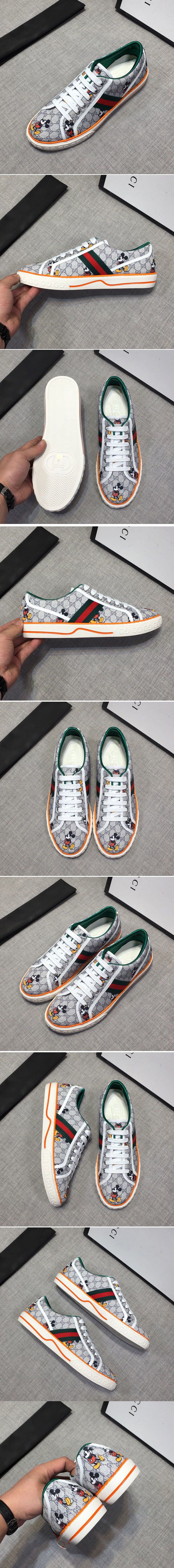 Replica Mens and Womens Gucci 606111 Disney x Gucci Tennis 1977 sneaker with Web in Silver GG Supreme