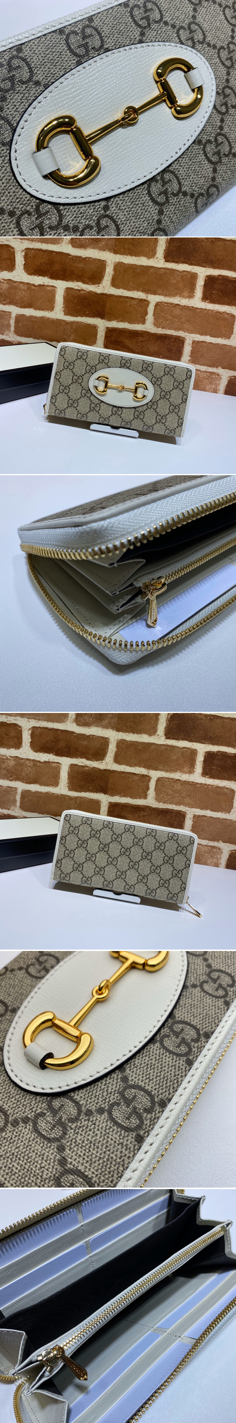 Replica Gucci 621889 Gucci 1955 Horsebit zip around wallet in Beige/ebony GG Supreme canvas With White Leather