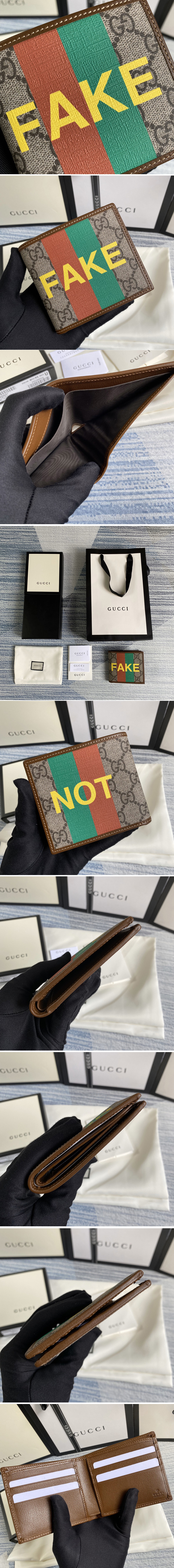 Replica Gucci ‎636166 'Fake/Not' print billfold wallet in Beige and ebony GG Supreme canvas