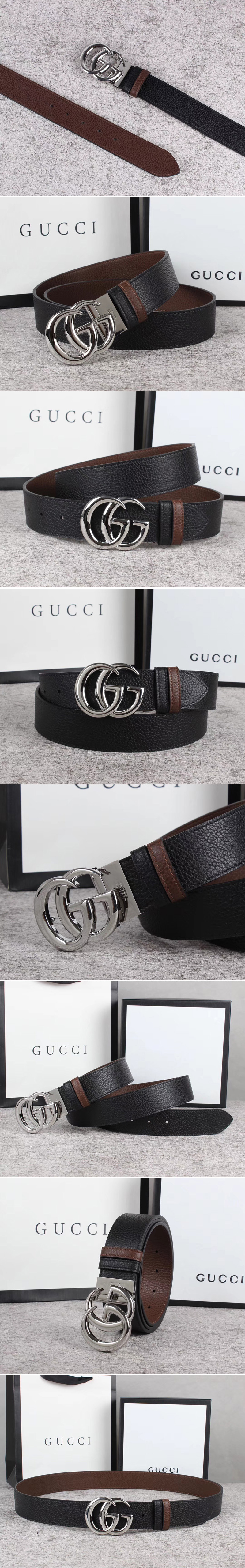 Replica Men's Gucci 40mm Reversible leather belt with Shiny Silver Double G buckle in Black Leather