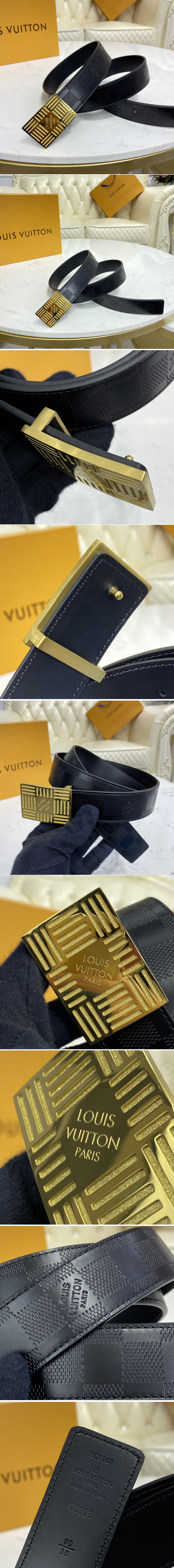 Replica Louis Vuitton M0023U LV Damier Plate 35mm reversible belt in Damier Infini With Gold Buckle