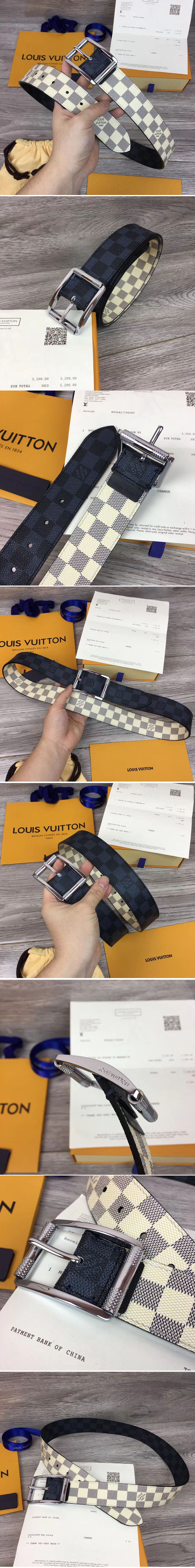 Replica Louis Vuitton M0040Q LV Reverso 40mm Reversible Mens Belt Damier Azur And Damier Graphite Canvas Silver Buckle