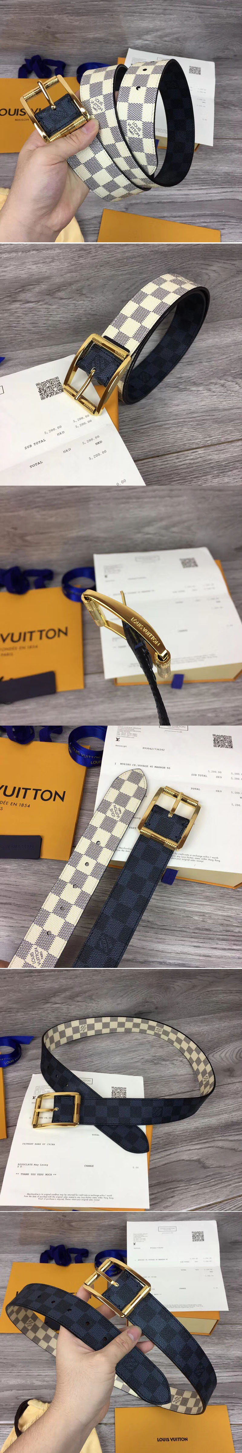 Replica Louis Vuitton M0040Q LV Reverso 40mm Reversible Mens Belt Damier Azur And Damier Graphite Canvas Gold Buckle