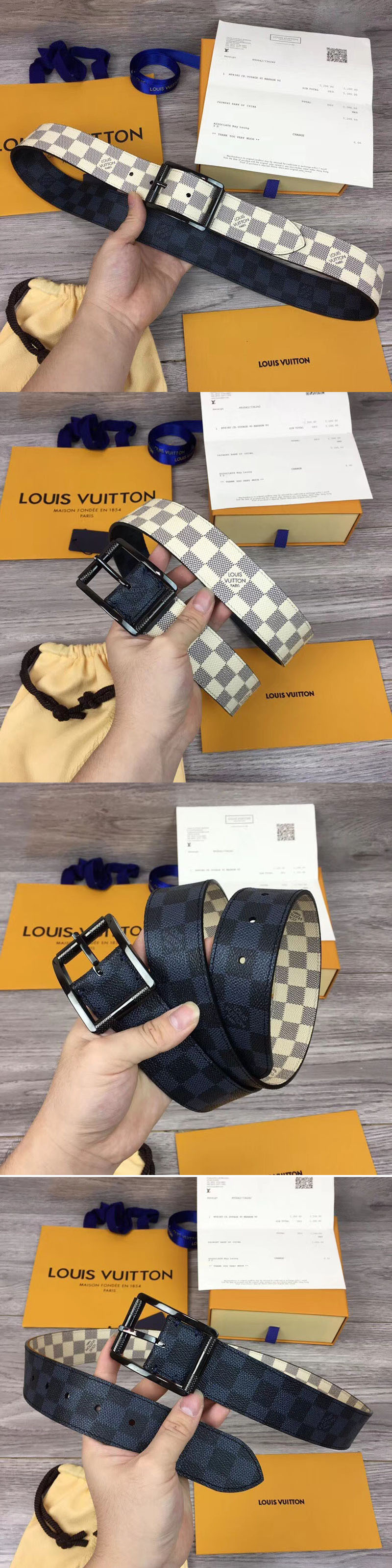 Replica Louis Vuitton M0040Q LV Reverso 40mm Reversible Mens Belt Damier Azur And Damier Graphite Canvas Black Buckle