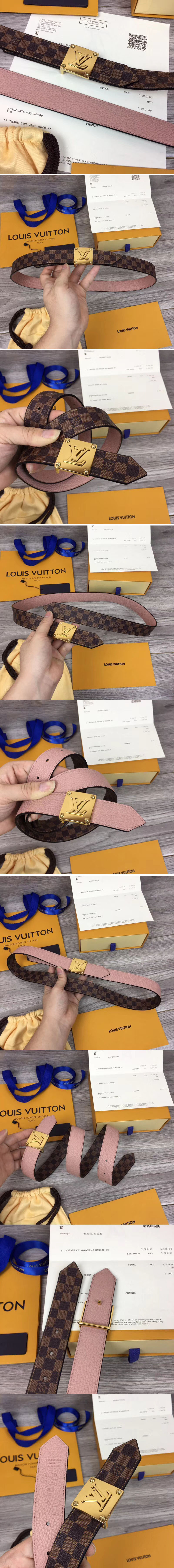 Replica Louis Vuitton M0065U LV Morningram 30mm Reversible Belt Damier Ebene Canvas Gold Buckle