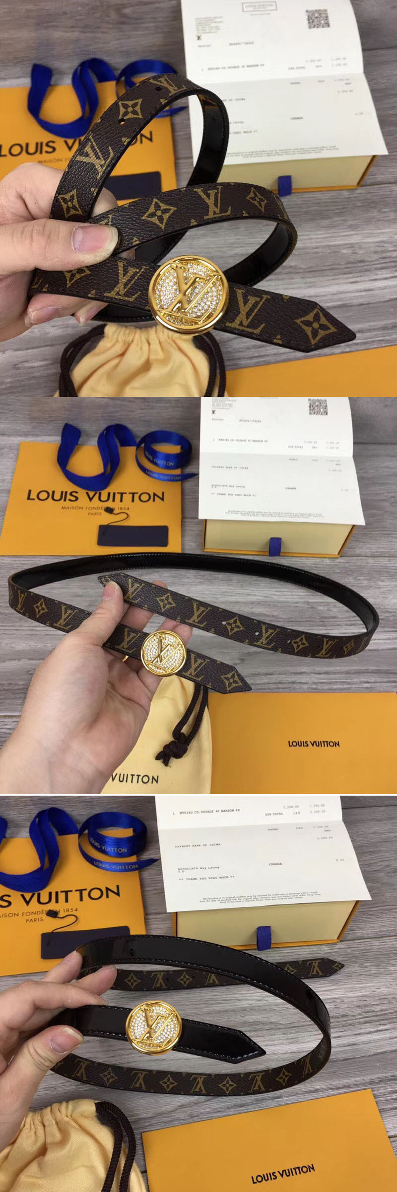 Replica Louis Vuitton M0081U Womens LV Circle 20mm Reversible Belt Monogram Canvas Gold Diamond Buckle