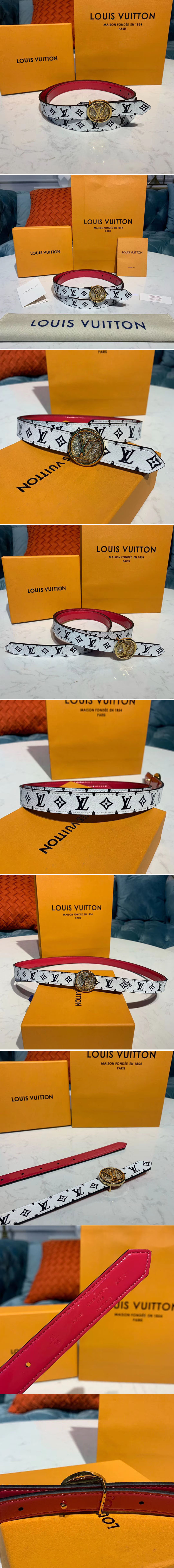 Replica Louis Vuitton M0148V LV Circle Plate 20mm Reversible belt Diamond Buckle White Monogram canvas Strap