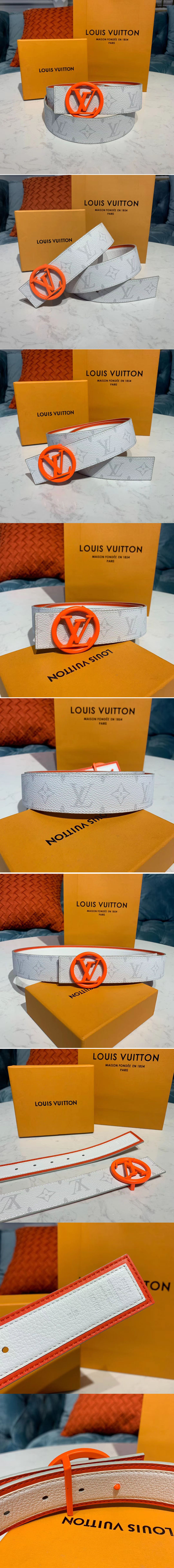 Replica Louis Vuitton M0169U LV Circle 40mm Reversible Belt Monogram White canvas Orange Buckle